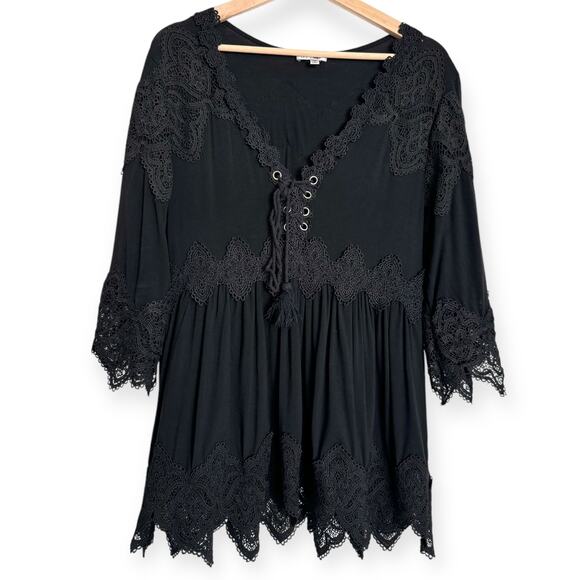 Vintage STYLE Black Lace Trimmed Lace Up Peasant Witchy Whimsigoth Top Women's M - Picture 1 of 12